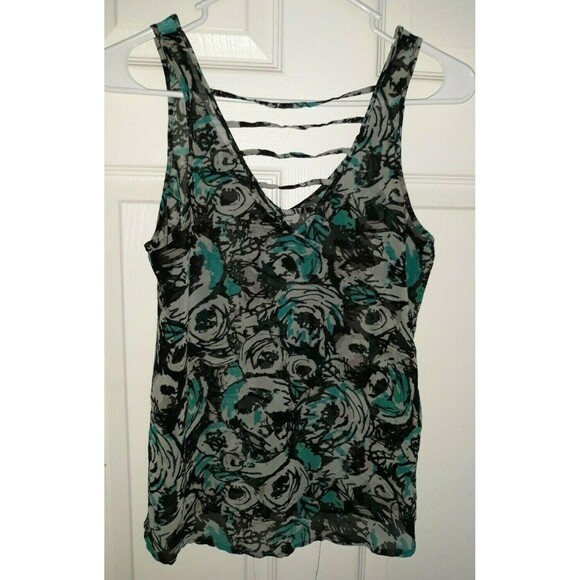 Nollie Women's Tank Top Sheer Black with White and Blue Flowers - Picture 2 of 3